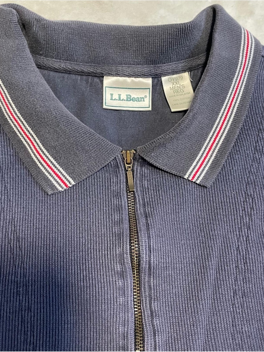 L.L.Bean Navy Zip Polo with Red & White Striped Collar